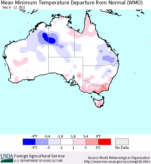 Australia Mean Minimum Temperature Departure from Normal (WMO) Thematic Map For 9/6/2021 - 9/12/2021