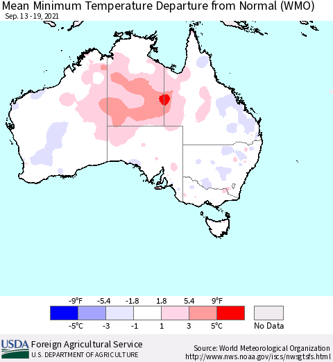 Australia Mean Minimum Temperature Departure from Normal (WMO) Thematic Map For 9/13/2021 - 9/19/2021