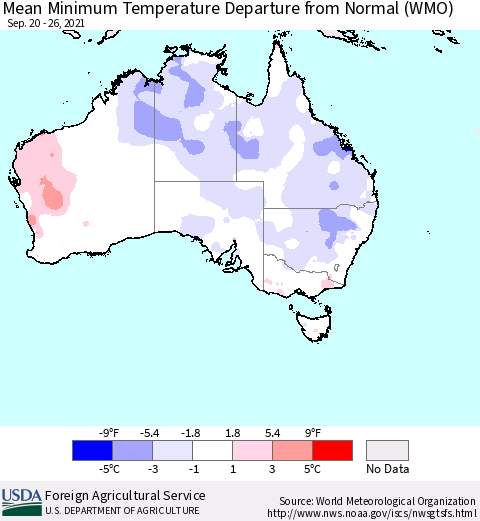 Australia Mean Minimum Temperature Departure from Normal (WMO) Thematic Map For 9/20/2021 - 9/26/2021