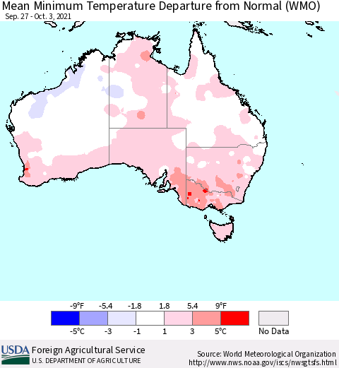 Australia Mean Minimum Temperature Departure from Normal (WMO) Thematic Map For 9/27/2021 - 10/3/2021