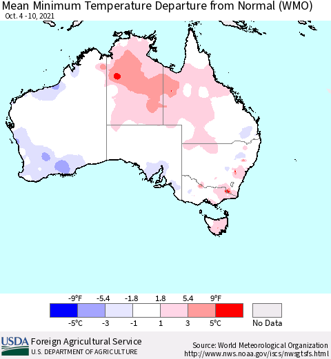 Australia Mean Minimum Temperature Departure from Normal (WMO) Thematic Map For 10/4/2021 - 10/10/2021