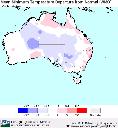 Australia Mean Minimum Temperature Departure from Normal (WMO) Thematic Map For 10/11/2021 - 10/17/2021
