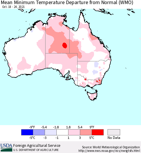 Australia Mean Minimum Temperature Departure from Normal (WMO) Thematic Map For 10/18/2021 - 10/24/2021