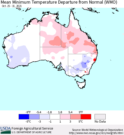 Australia Mean Minimum Temperature Departure from Normal (WMO) Thematic Map For 10/25/2021 - 10/31/2021