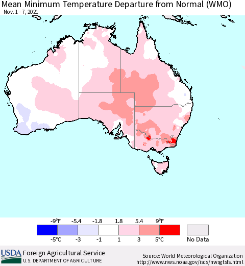 Australia Mean Minimum Temperature Departure from Normal (WMO) Thematic Map For 11/1/2021 - 11/7/2021