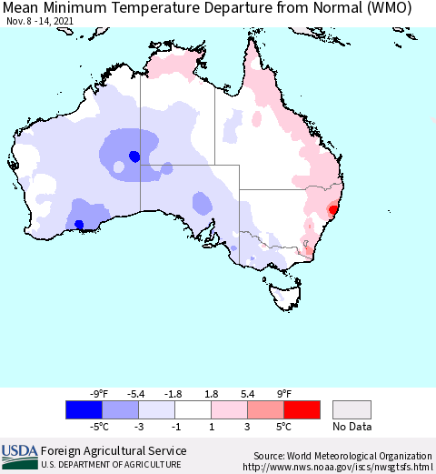 Australia Mean Minimum Temperature Departure from Normal (WMO) Thematic Map For 11/8/2021 - 11/14/2021