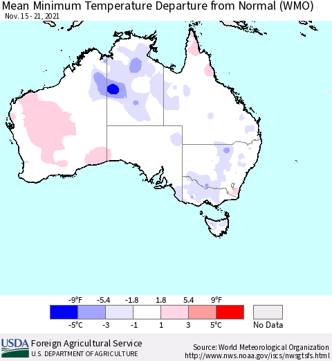 Australia Mean Minimum Temperature Departure from Normal (WMO) Thematic Map For 11/15/2021 - 11/21/2021