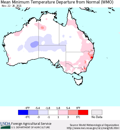 Australia Mean Minimum Temperature Departure from Normal (WMO) Thematic Map For 11/22/2021 - 11/28/2021