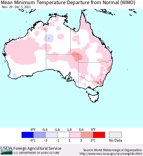 Australia Mean Minimum Temperature Departure from Normal (WMO) Thematic Map For 11/29/2021 - 12/5/2021