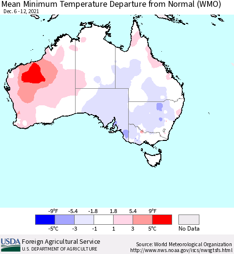 Australia Mean Minimum Temperature Departure from Normal (WMO) Thematic Map For 12/6/2021 - 12/12/2021