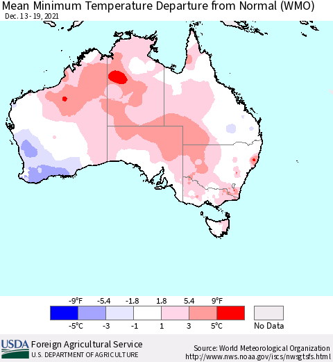 Australia Mean Minimum Temperature Departure from Normal (WMO) Thematic Map For 12/13/2021 - 12/19/2021