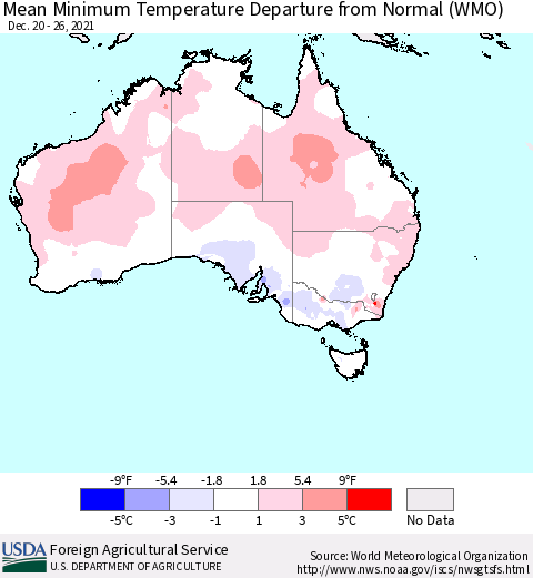 Australia Mean Minimum Temperature Departure from Normal (WMO) Thematic Map For 12/20/2021 - 12/26/2021