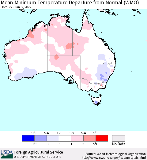 Australia Mean Minimum Temperature Departure from Normal (WMO) Thematic Map For 12/27/2021 - 1/2/2022