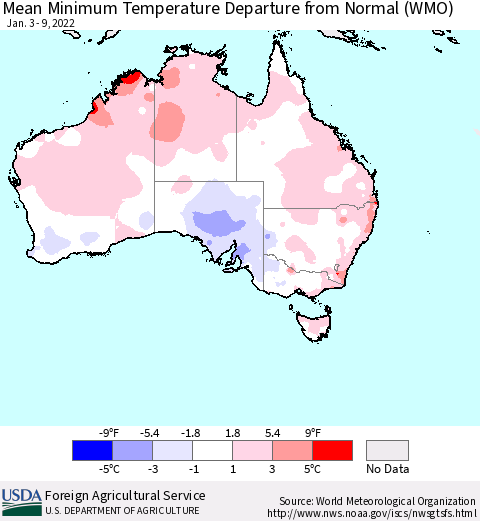 Australia Mean Minimum Temperature Departure from Normal (WMO) Thematic Map For 1/3/2022 - 1/9/2022