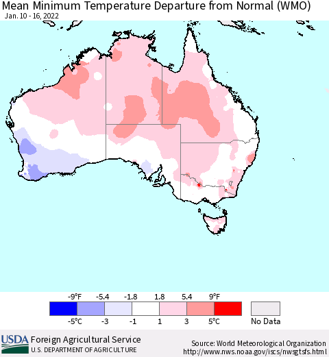 Australia Mean Minimum Temperature Departure from Normal (WMO) Thematic Map For 1/10/2022 - 1/16/2022