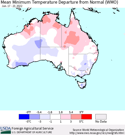 Australia Mean Minimum Temperature Departure from Normal (WMO) Thematic Map For 1/17/2022 - 1/23/2022
