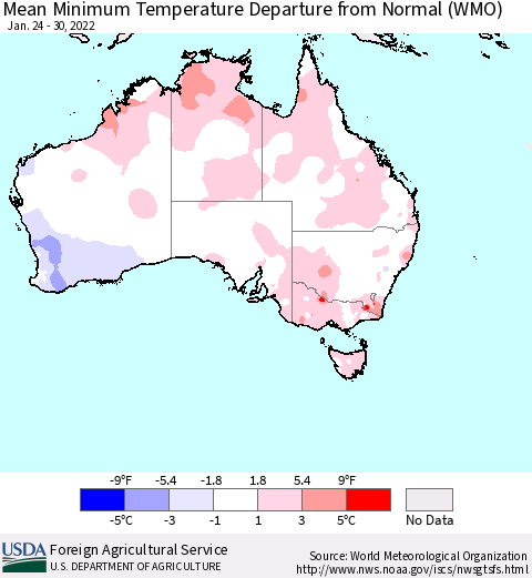 Australia Mean Minimum Temperature Departure from Normal (WMO) Thematic Map For 1/24/2022 - 1/30/2022