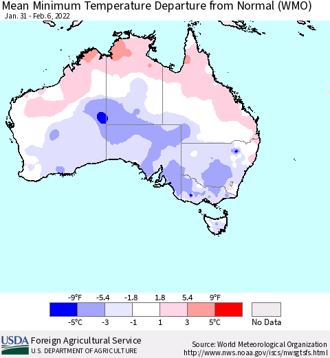 Australia Mean Minimum Temperature Departure from Normal (WMO) Thematic Map For 1/31/2022 - 2/6/2022