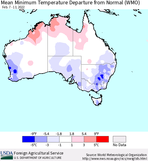 Australia Mean Minimum Temperature Departure from Normal (WMO) Thematic Map For 2/7/2022 - 2/13/2022