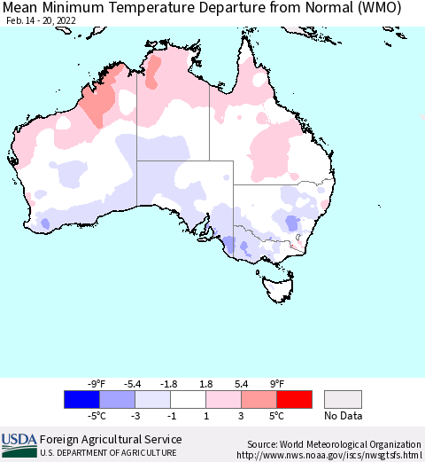 Australia Mean Minimum Temperature Departure from Normal (WMO) Thematic Map For 2/14/2022 - 2/20/2022