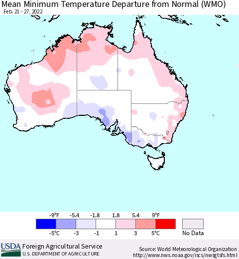 Australia Mean Minimum Temperature Departure from Normal (WMO) Thematic Map For 2/21/2022 - 2/27/2022