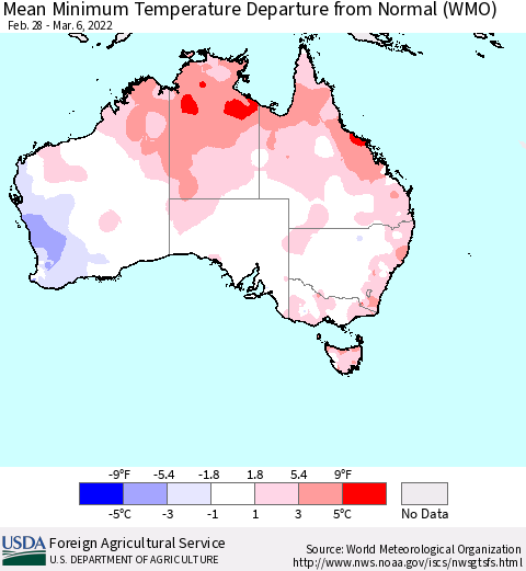 Australia Mean Minimum Temperature Departure from Normal (WMO) Thematic Map For 2/28/2022 - 3/6/2022