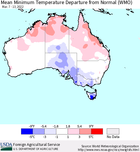 Australia Mean Minimum Temperature Departure from Normal (WMO) Thematic Map For 3/7/2022 - 3/13/2022