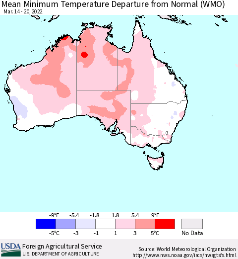Australia Mean Minimum Temperature Departure from Normal (WMO) Thematic Map For 3/14/2022 - 3/20/2022
