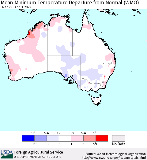Australia Mean Minimum Temperature Departure from Normal (WMO) Thematic Map For 3/28/2022 - 4/3/2022