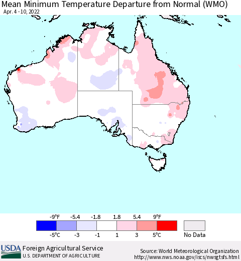 Australia Mean Minimum Temperature Departure from Normal (WMO) Thematic Map For 4/4/2022 - 4/10/2022