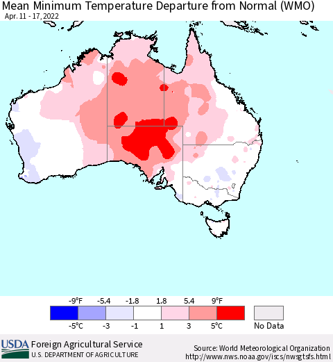 Australia Mean Minimum Temperature Departure from Normal (WMO) Thematic Map For 4/11/2022 - 4/17/2022
