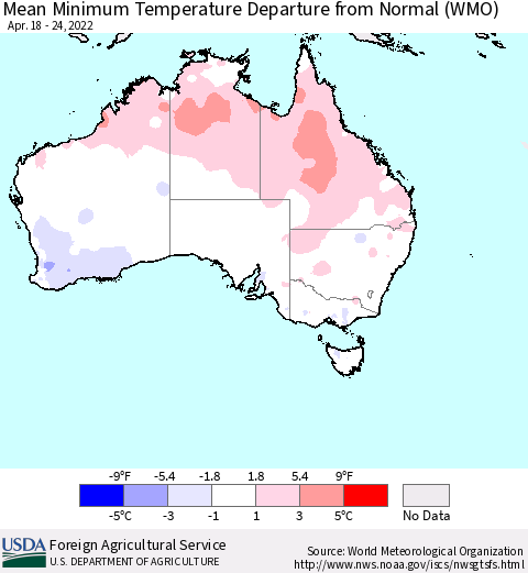 Australia Mean Minimum Temperature Departure from Normal (WMO) Thematic Map For 4/18/2022 - 4/24/2022