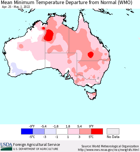 Australia Mean Minimum Temperature Departure from Normal (WMO) Thematic Map For 4/25/2022 - 5/1/2022