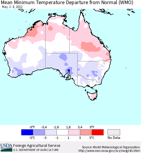 Australia Mean Minimum Temperature Departure from Normal (WMO) Thematic Map For 5/2/2022 - 5/8/2022