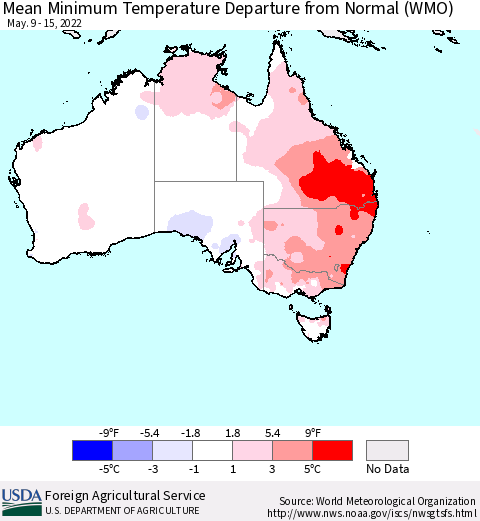 Australia Mean Minimum Temperature Departure from Normal (WMO) Thematic Map For 5/9/2022 - 5/15/2022