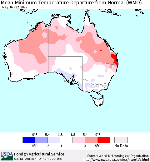 Australia Mean Minimum Temperature Departure from Normal (WMO) Thematic Map For 5/16/2022 - 5/22/2022