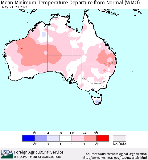 Australia Mean Minimum Temperature Departure from Normal (WMO) Thematic Map For 5/23/2022 - 5/29/2022