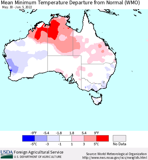 Australia Mean Minimum Temperature Departure from Normal (WMO) Thematic Map For 5/30/2022 - 6/5/2022