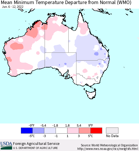 Australia Mean Minimum Temperature Departure from Normal (WMO) Thematic Map For 6/6/2022 - 6/12/2022