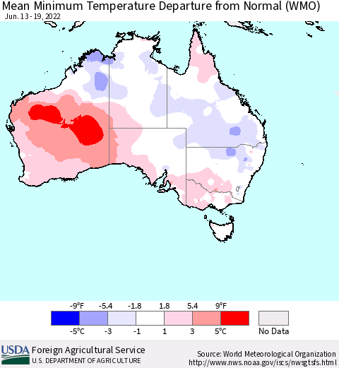 Australia Mean Minimum Temperature Departure from Normal (WMO) Thematic Map For 6/13/2022 - 6/19/2022