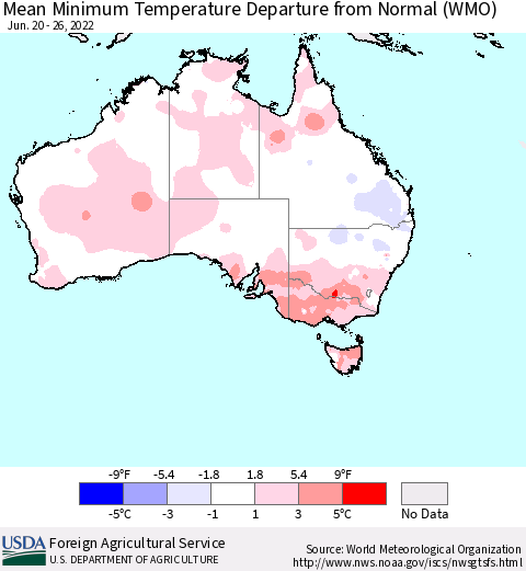 Australia Mean Minimum Temperature Departure from Normal (WMO) Thematic Map For 6/20/2022 - 6/26/2022