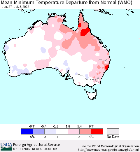 Australia Mean Minimum Temperature Departure from Normal (WMO) Thematic Map For 6/27/2022 - 7/3/2022