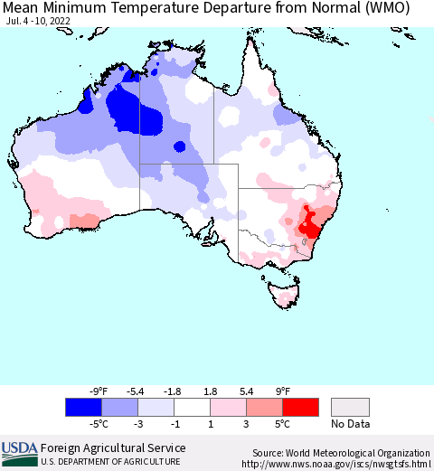 Australia Mean Minimum Temperature Departure from Normal (WMO) Thematic Map For 7/4/2022 - 7/10/2022