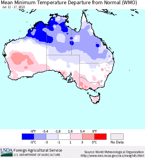 Australia Mean Minimum Temperature Departure from Normal (WMO) Thematic Map For 7/11/2022 - 7/17/2022