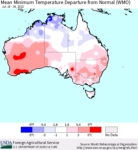 Australia Mean Minimum Temperature Departure from Normal (WMO) Thematic Map For 7/18/2022 - 7/24/2022