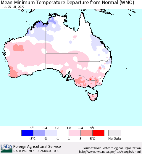 Australia Mean Minimum Temperature Departure from Normal (WMO) Thematic Map For 7/25/2022 - 7/31/2022