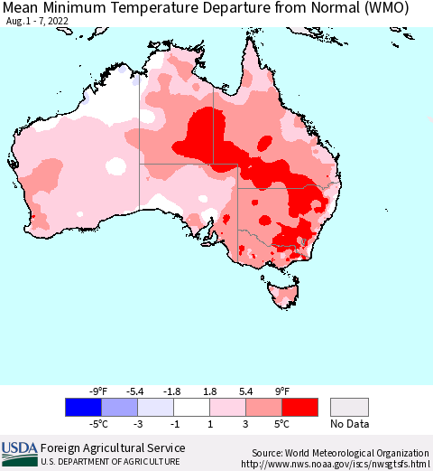 Australia Mean Minimum Temperature Departure from Normal (WMO) Thematic Map For 8/1/2022 - 8/7/2022