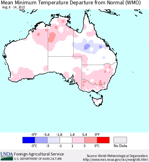 Australia Mean Minimum Temperature Departure from Normal (WMO) Thematic Map For 8/8/2022 - 8/14/2022