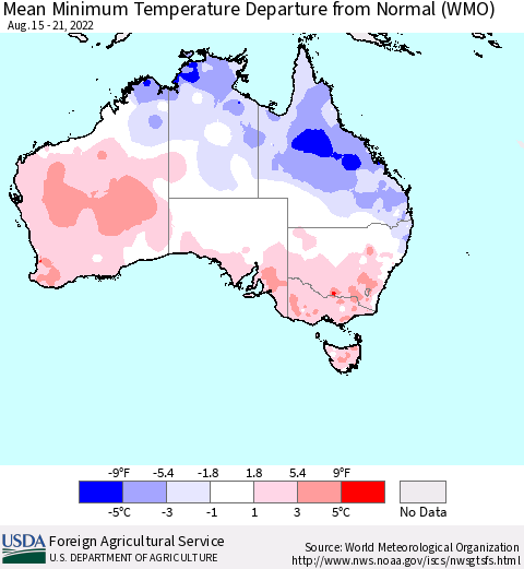 Australia Mean Minimum Temperature Departure from Normal (WMO) Thematic Map For 8/15/2022 - 8/21/2022