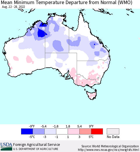 Australia Mean Minimum Temperature Departure from Normal (WMO) Thematic Map For 8/22/2022 - 8/28/2022